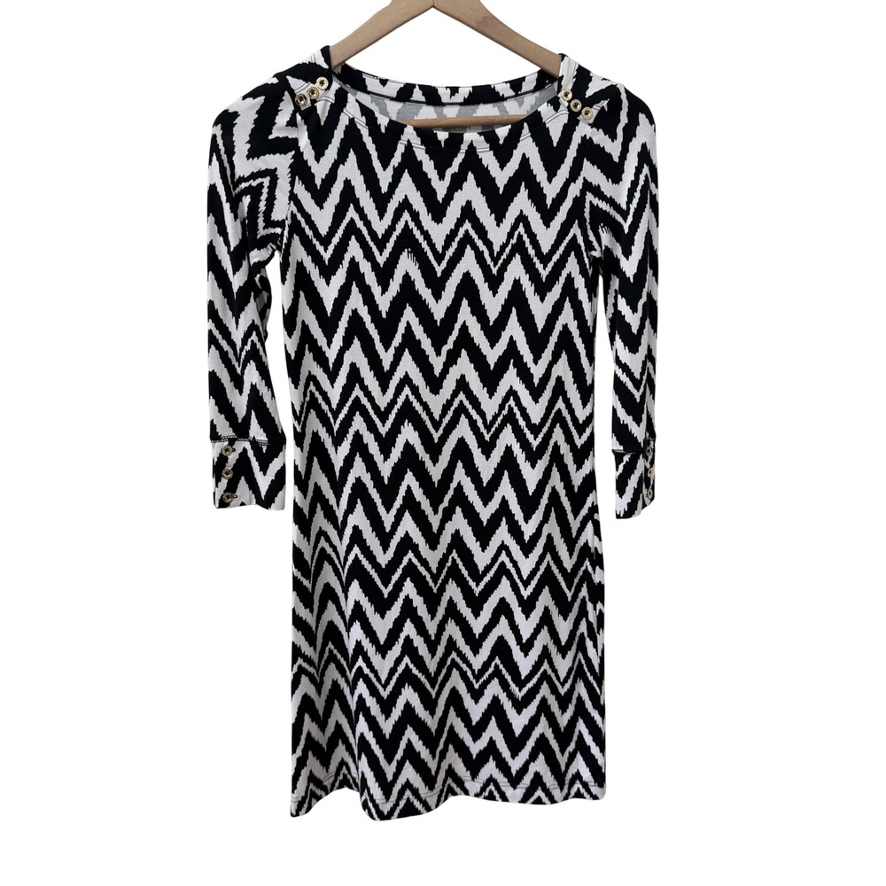 Lilly Pulitzer Marlowe Dress XXS Black White Chevron 3/4 Sleeve Gold Button Mini